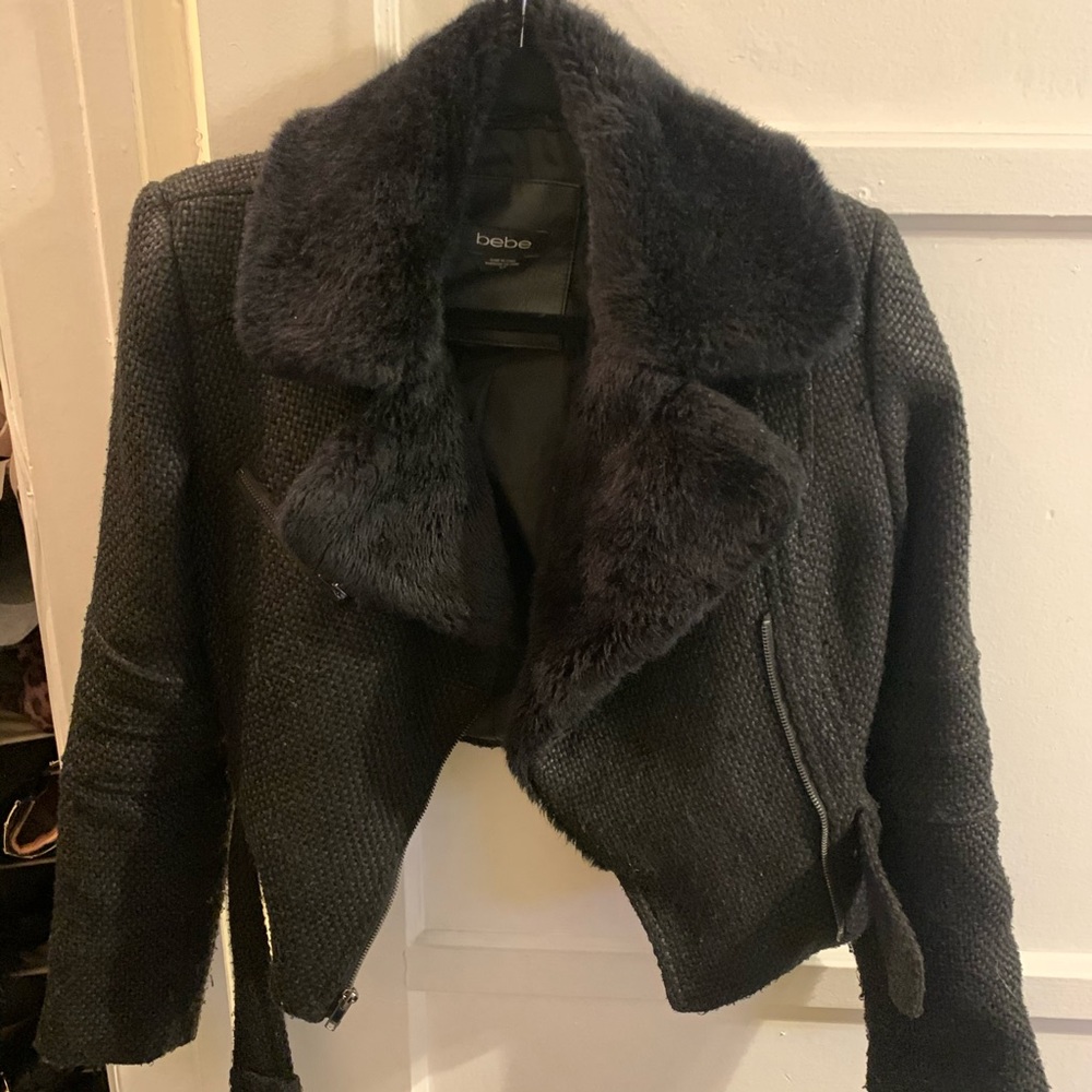Bebe Cropped Tweed Jacket with Faux Fur Collar